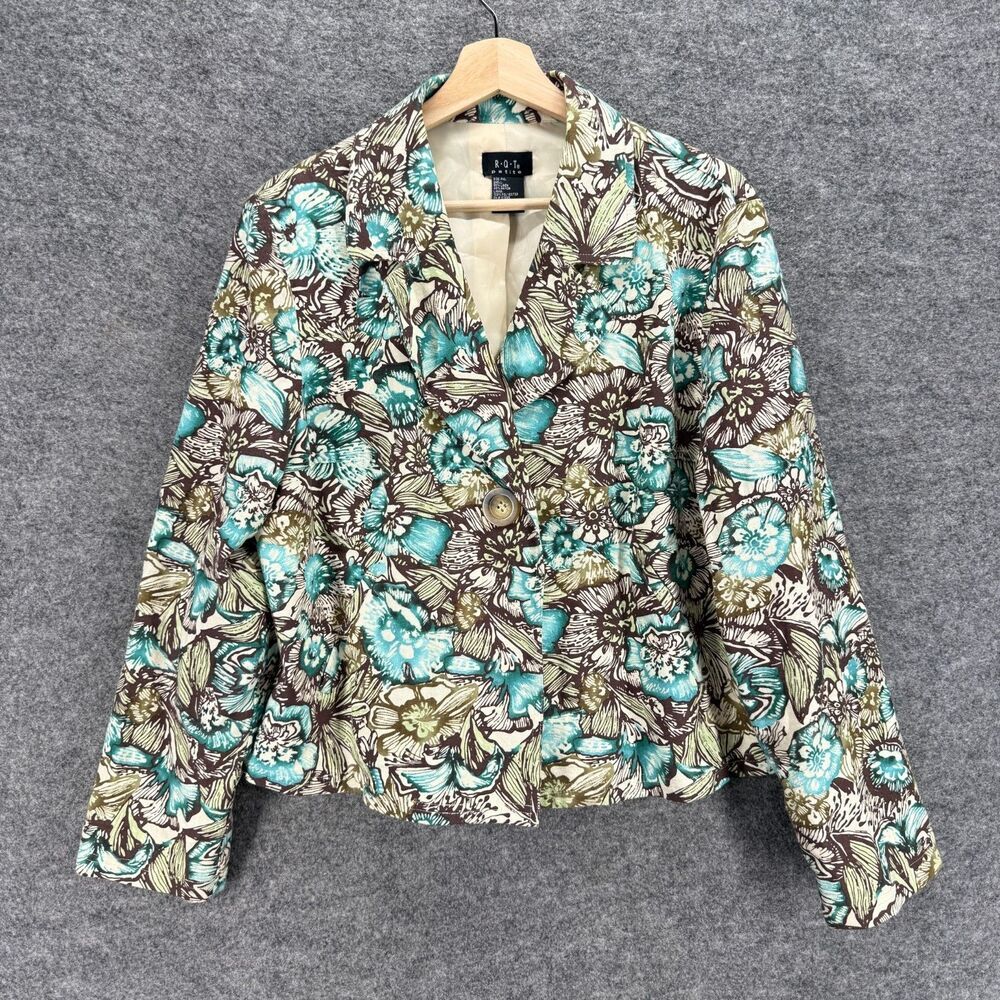 RQT Blazer Women PXL Petite Gray Floral One Button Long Sleeve Linen Lined